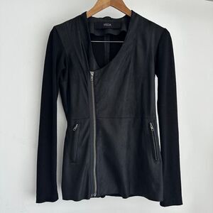 Veda Leather Jacket Womens XS Black Moto Biker Asymetric Zip Knit Sleeve Edgy